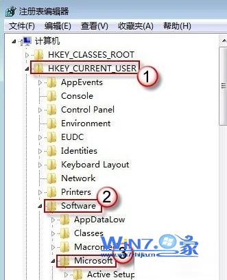 依次打开“HKEY_CURREnT_UsER---software---Microsoft”选项